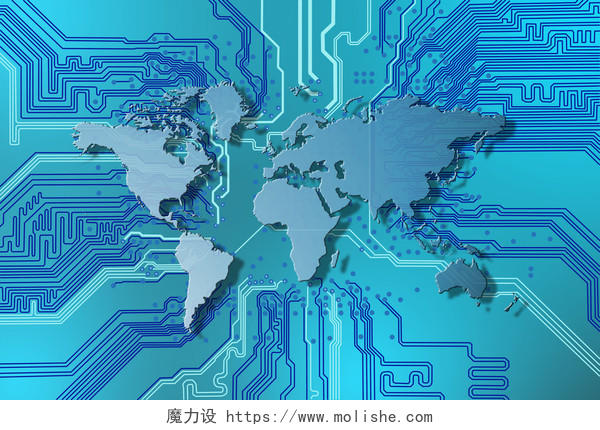 科技互联网电子芯片线路上的世界地图